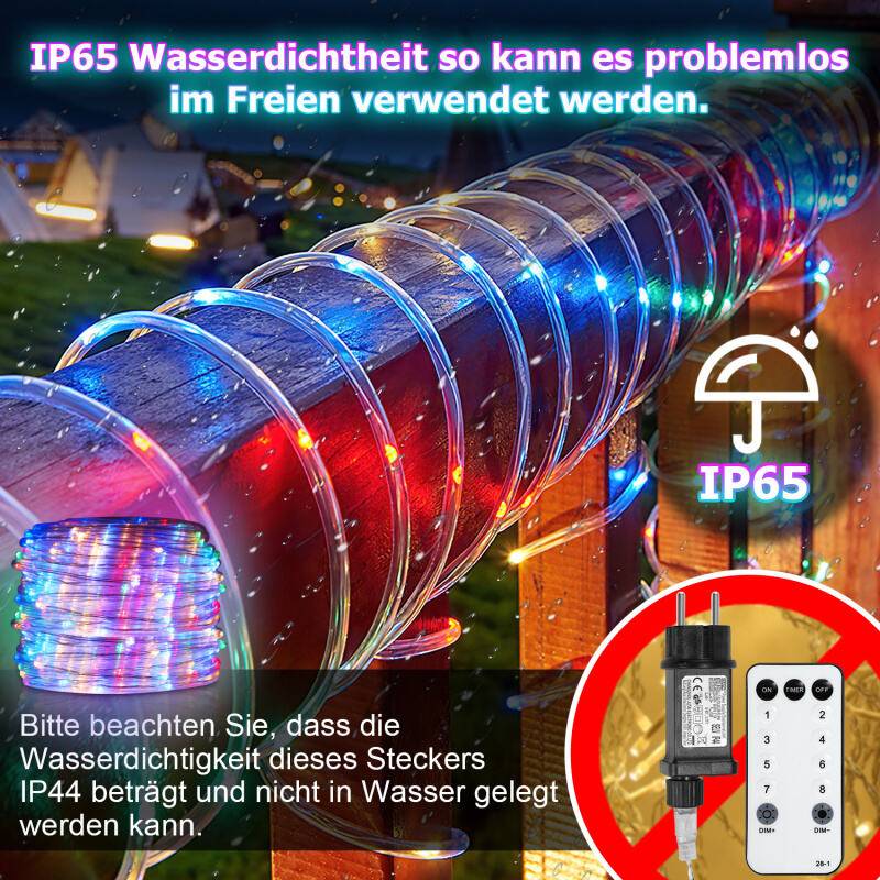 20M LED Lichterschlauch LED Lichterkette 8 Modi IP65 Wasserdicht Lichtschlauch Außen Garten Party Weihnachten Deko Bunt