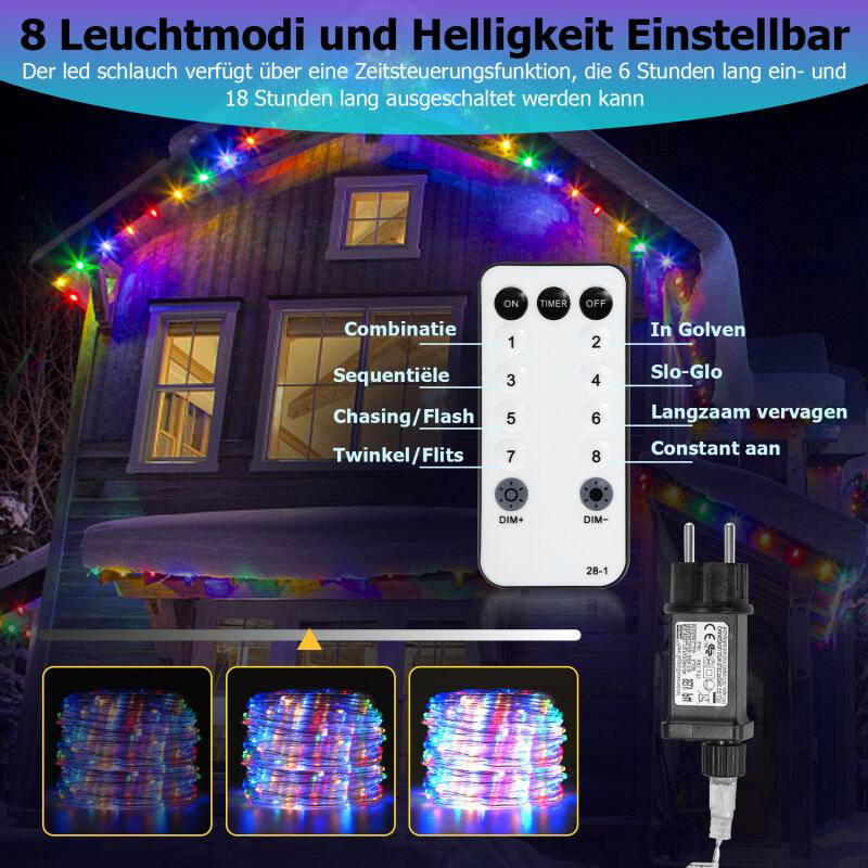 20M LED Lichterschlauch LED Lichterkette 8 Modi IP65 Wasserdicht Lichtschlauch Außen Garten Party Weihnachten Deko Bunt