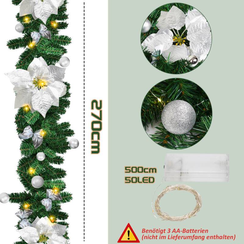 270cm Weihnachtsgirlande mit 50 LED Lichterkette Girlande Tannengirlande Weihnachtsdeko, Silver