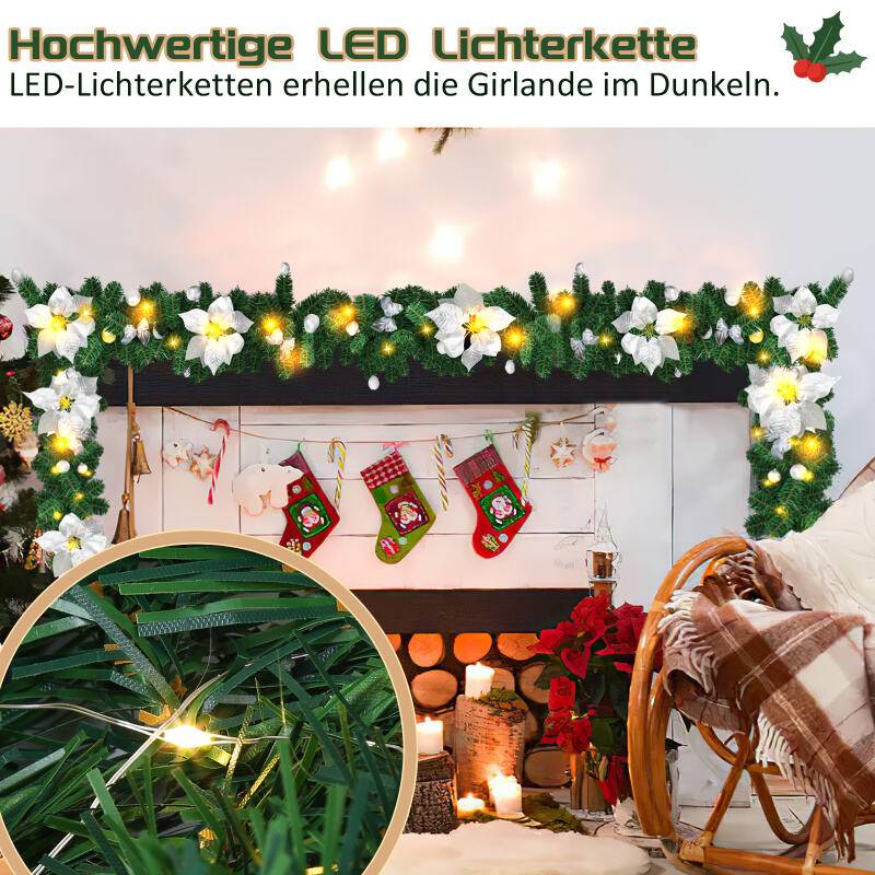 270cm Weihnachtsgirlande mit 50 LED Lichterkette Girlande Tannengirlande Weihnachtsdeko, Silver