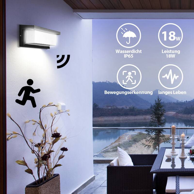 LED Wandleuchte mit Bewegungsmelder 18W Moderne Außenwandleuchte Aluminium Wandlampe eckige Außenlampe für Terrasse/Hof/Haustür Kaltweiß