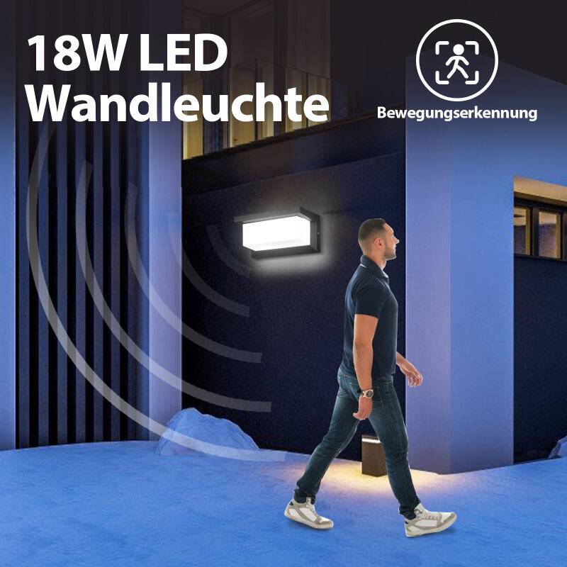 LED Wandleuchte mit Bewegungsmelder 18W Moderne Außenwandleuchte Aluminium Wandlampe eckige Außenlampe für Terrasse/Hof/Haustür Kaltweiß