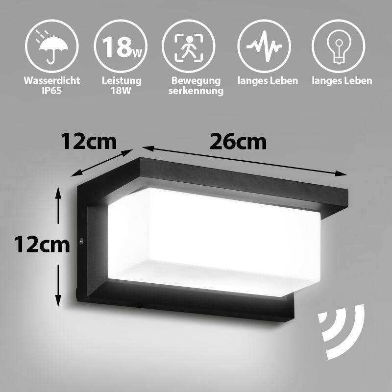 LED Wandleuchte mit Bewegungsmelder 18W Moderne Außenwandleuchte Aluminium Wandlampe eckige Außenlampe für Terrasse/Hof/Haustür Kaltweiß