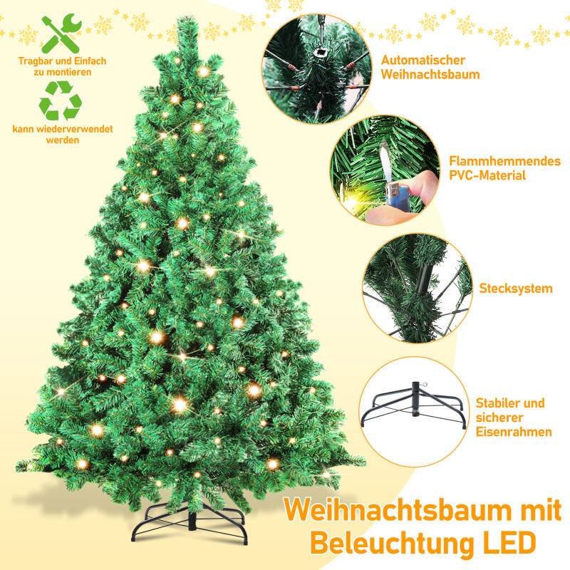 210cm Künstlicher Weihnachtsbaum mit Beleuchtung LED Tannenbaum für Weihnachten-Dekoration, aus PE und PVC,(Ø ca. 128cm) mit 1200 Spitzen
