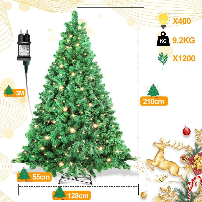 LED 210CM Künstlicher Weihnachtsbaum Tannenbaum Grün PVC Nadeln Dekobaum für Weihnachten-Dekoration mit Lichterkette, mit 1200 Spitzen