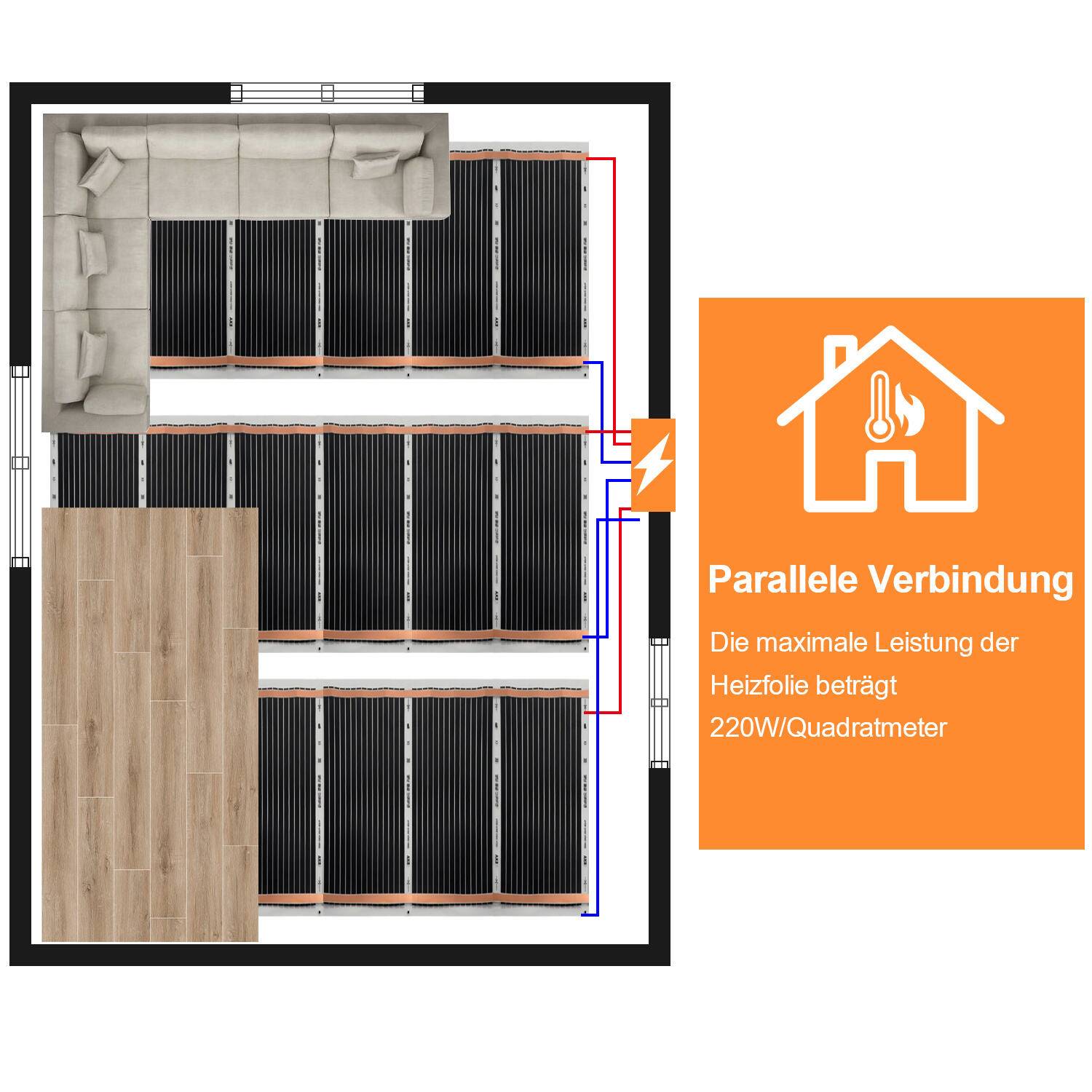 220W/m2, Heizfolie Infrarot-Elektroheizung, Fußbodenheizung, Größe der Einzelstücke: Länge 2,0 m, Breit 0,5 m (8㎡)