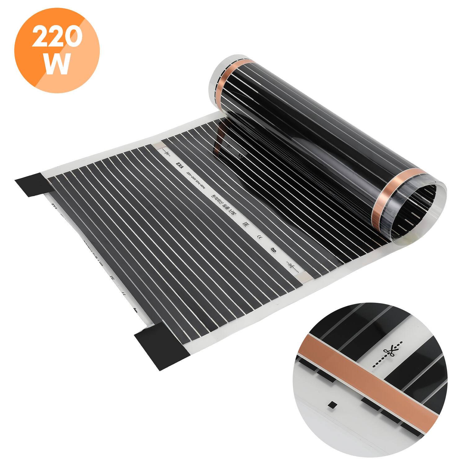 Heizfolie 220 Watt/m2, Heizfolien-Set, Fußbodenheizung für 7m2 geeignet, Infrarot-Elektro, LxB: 200x50cm (pro Stück)