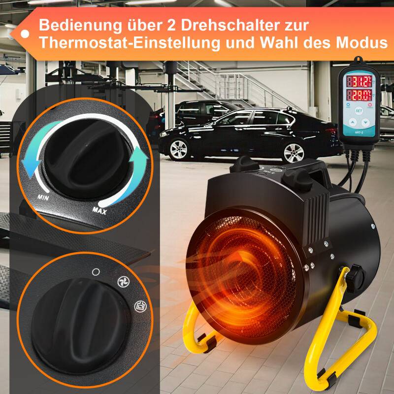 Gewächshausheizung 2KW Elektroheizung Elektrogebläseheizung Heizlüfter Ventilator für Gewächshaus IPX4 mit Thermostat Digital