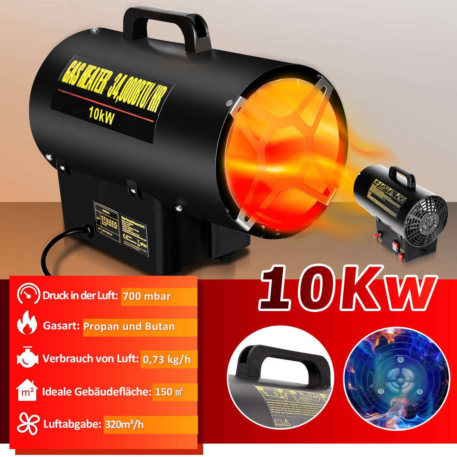 Gasheizgebläse Gasheizer Heizgerät Gasstrahler Gas Heizgebläse manuelle Zündung Gaskanone 10000W für 150㎡ Werkstätten, Straßenbrücken, Eisen