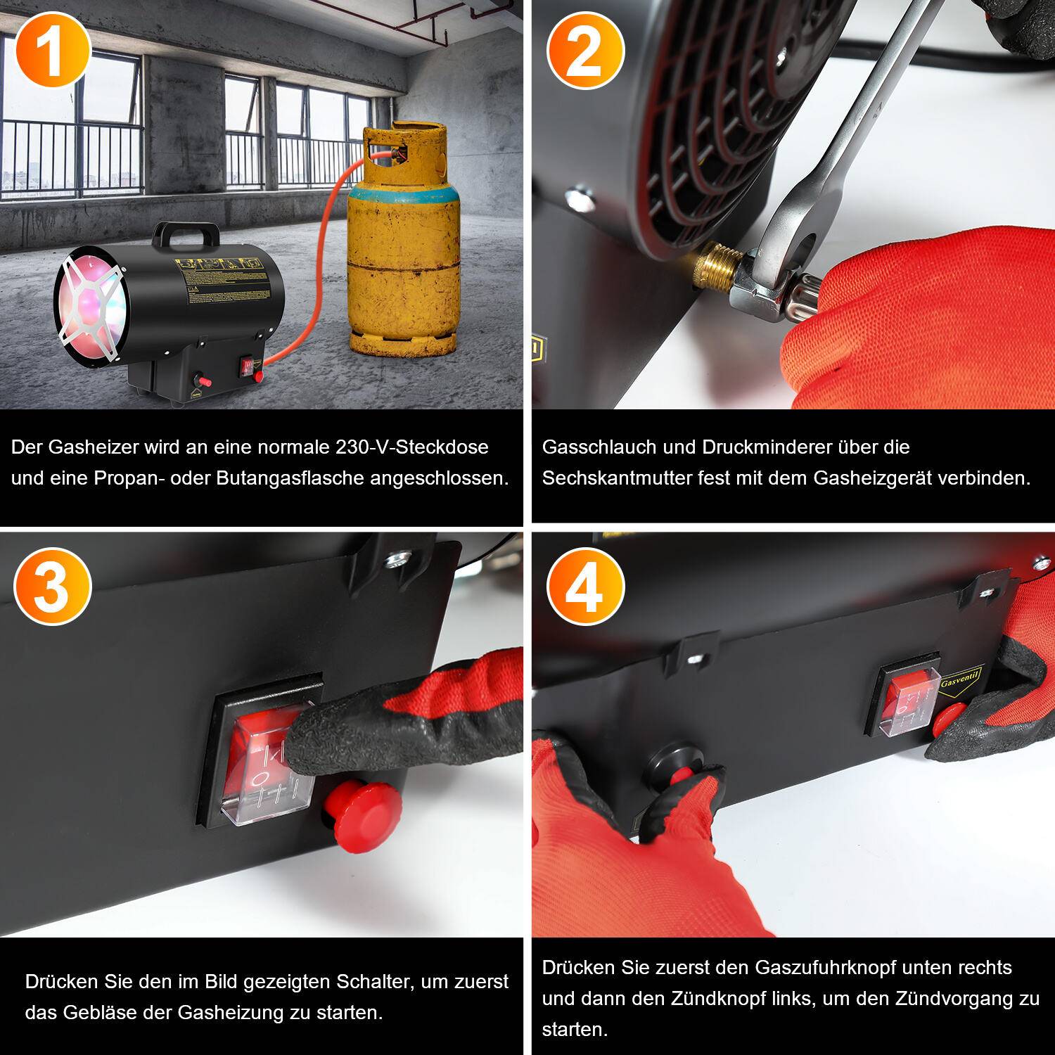 Gasheizgebläse Gasheizer Heizgerät Gasstrahler Gas Heizgebläse manuelle Zündung Gaskanone 10000W für 150㎡ Werkstätten, Straßenbrücken, Eisen