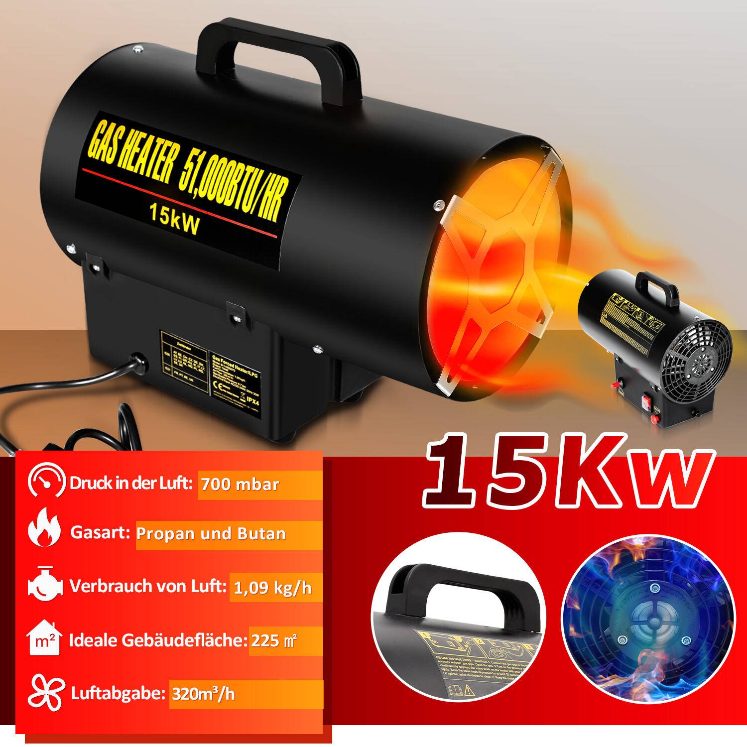 Gasheizgebläse Gasheizer Heizgerät Gasstrahler Gas Heizgebläse manuelle Zündung Gaskanone 15000W für 225㎡ Werkstätten, Straßenbrücken, Eisen