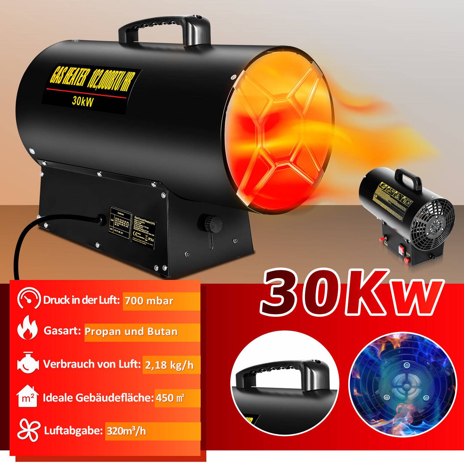 Gasheizgebläse Gasheizer Heizgerät Gasstrahler Gas Heizgebläse manuelle Zündung Gaskanone 30000W für 450㎡ Werkstätten, Straßenbrücken, Eisen