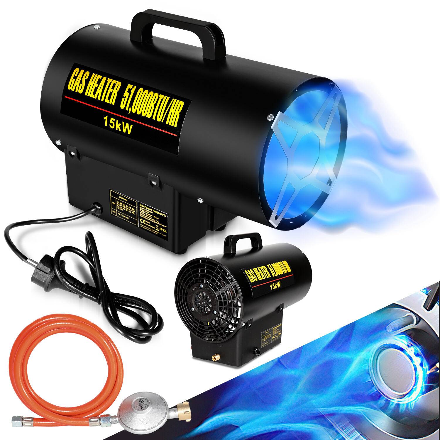 Gasheizgebläse Heizgerät 15kW Gasheizer Heizkanone Gasofen Bauheizer für 225㎡ Werkstätten, Straßenbrücken, Eisenbahnflughäfen Maschinenwartun