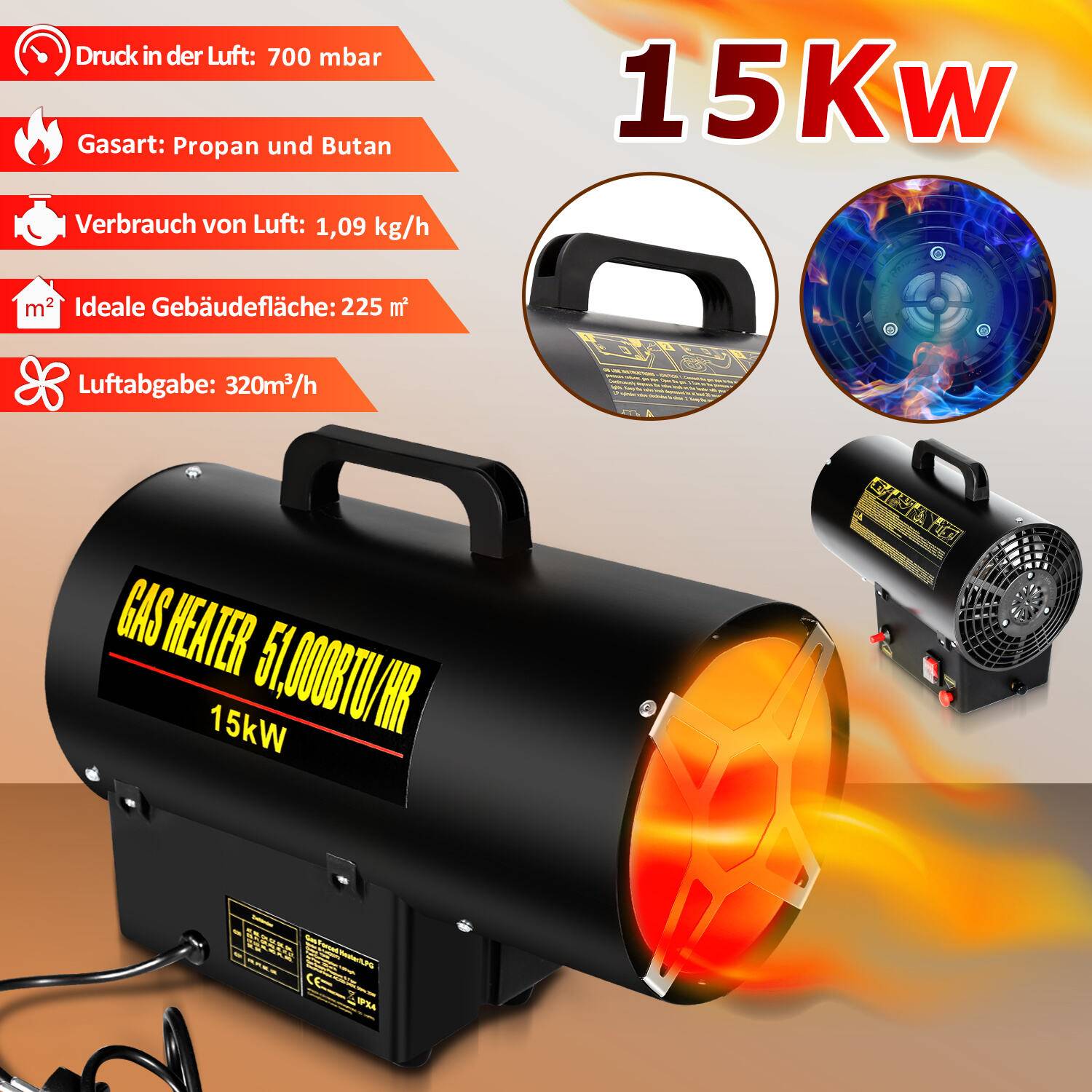 Gasheizgebläse Heizgerät 15kW Gasheizer Heizkanone Gasofen Bauheizer für 225㎡ Werkstätten, Straßenbrücken, Eisenbahnflughäfen Maschinenwartun