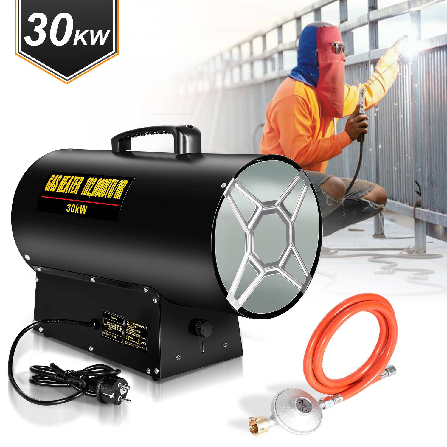 Gasheizgebläse Heizgerät 30kW Gasheizer Heizkanone Gasofen Bauheizer für 450㎡ Werkstätten, Straßenbrücken, Eisenbahnflughäfen Maschinenwartun