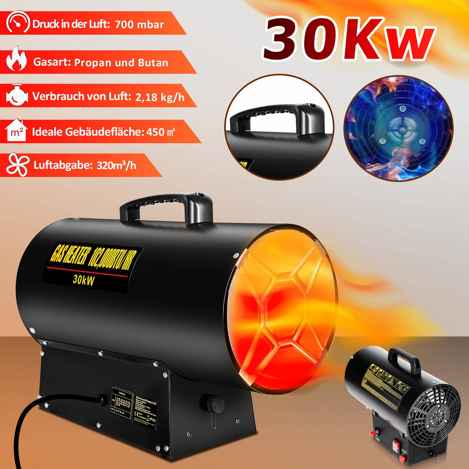 Gasheizgebläse Heizgerät 30kW Gasheizer Heizkanone Gasofen Bauheizer für 450㎡ Werkstätten, Straßenbrücken, Eisenbahnflughäfen Maschinenwartun