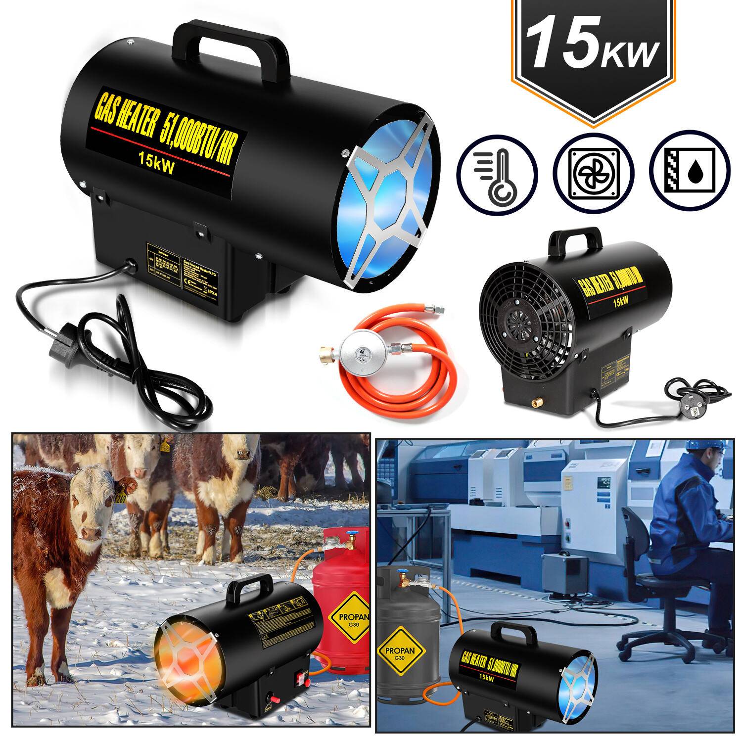 Gasheizgebläse Gasheizer Heizgerät Gasstrahler Gas Heizgebläse manuelle Zündung Gaskanone 15000W für 225㎡ Werkstätten, Straßenbrücken, Eisen