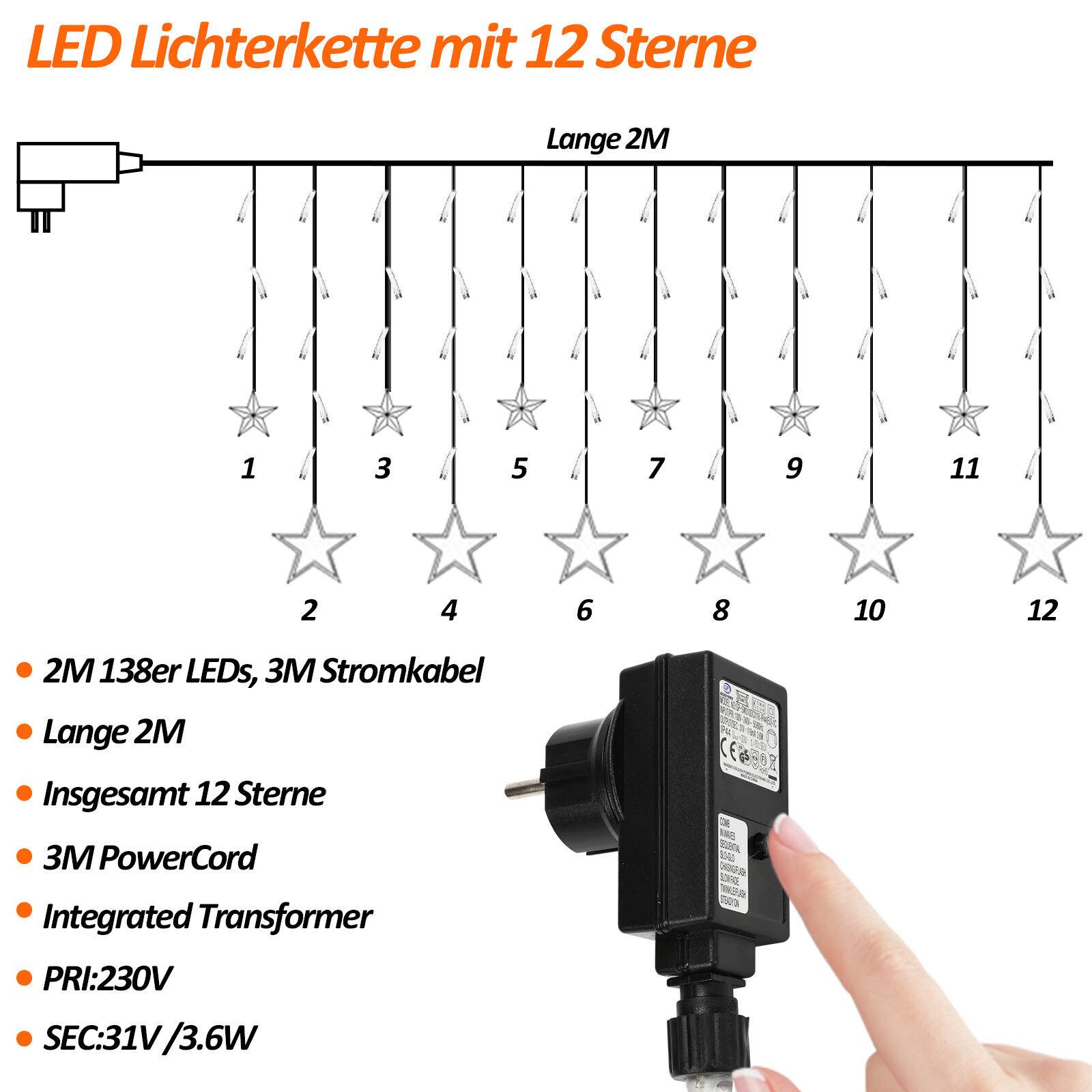 2M 138 LED Lichterkette Sterne Lichtervorhang Außen Innen Vorhang 8 Beleuchtungsmodi Weihnachten Party Garten Fenster Deko Warmweiß