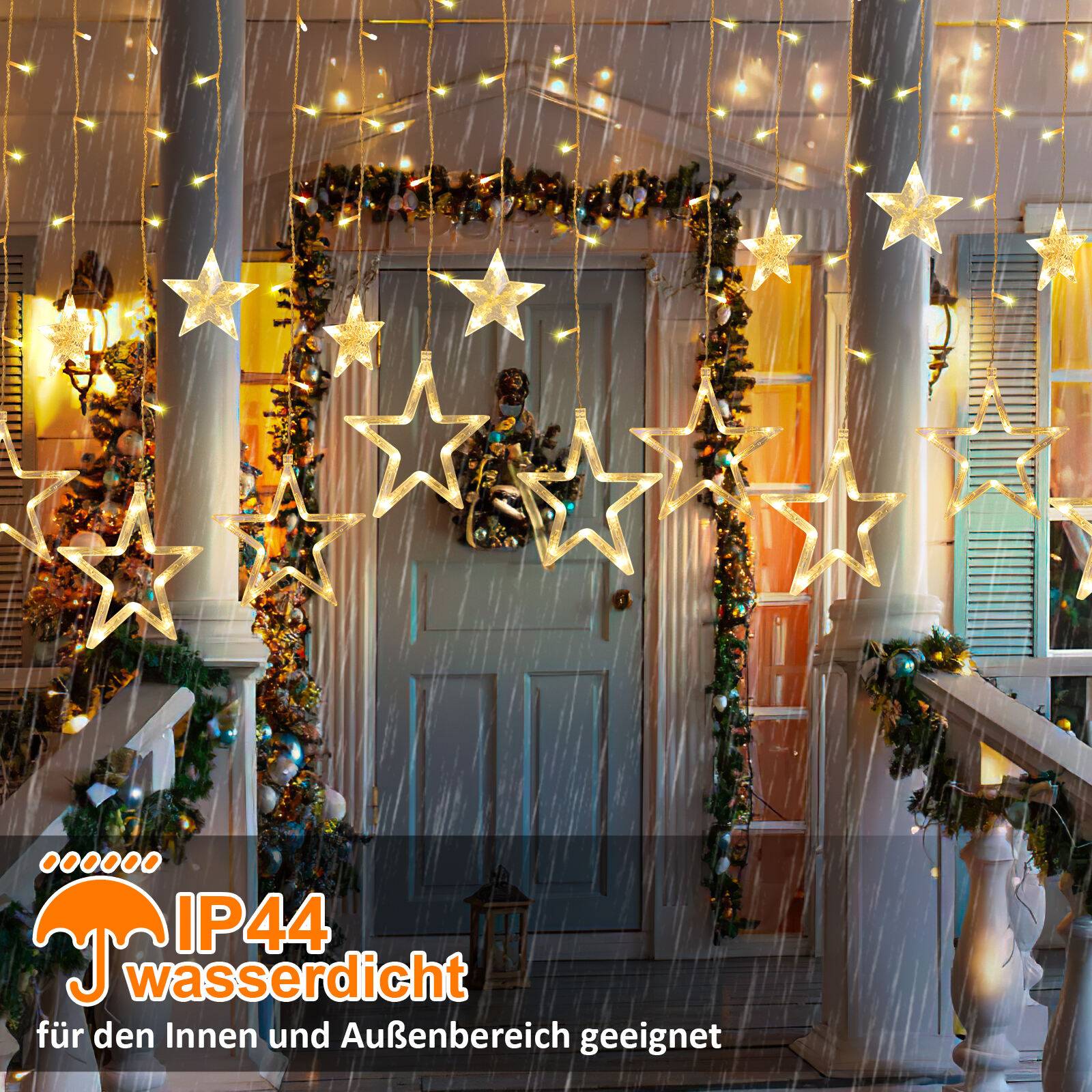 2M 138 LED Lichterkette Sterne Lichtervorhang Außen Innen Vorhang 8 Beleuchtungsmodi Weihnachten Party Garten Fenster Deko Warmweiß