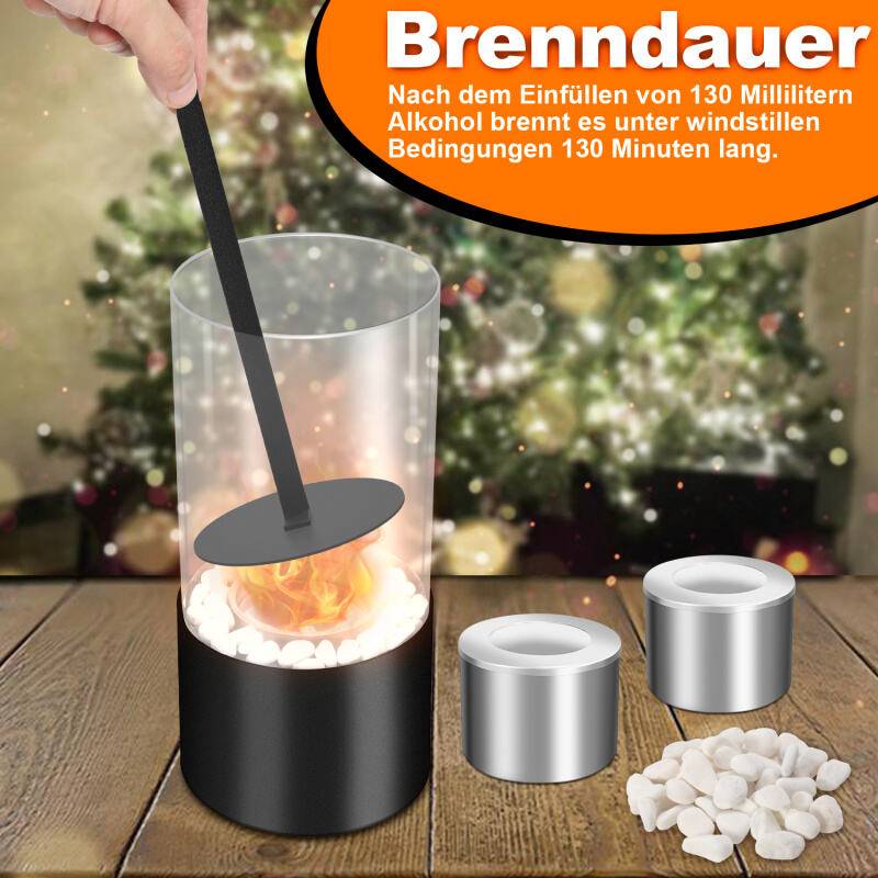 Bioethanol Tischkamin Dekokamine mit Edelstahl Sockel, Glas Tischfeuer Kamin Runde