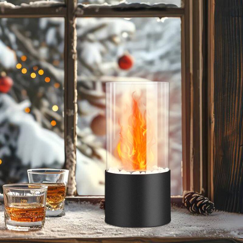 Tischkamin Bioethanol Dekokamine mit Edelstahl Sockel, Glas Tischfeuer Kamin D 11.5x H 26cm