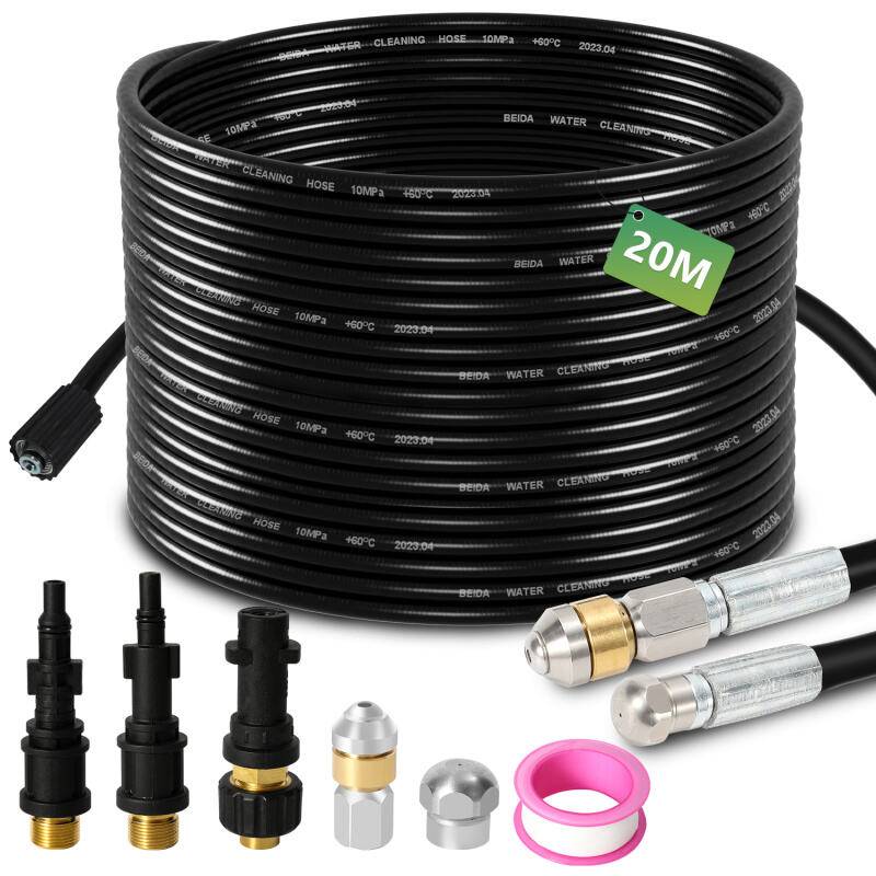 Rohrreinigungsschlauch Set 20M, mit Düsen starr + rotierend, 3 Adapter, für handelsübliche Hochdruckreiniger, universelles Rohrreinigungs Set