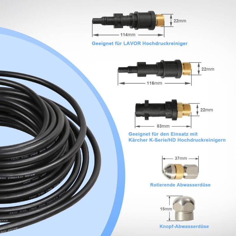 Rohrreinigungsschlauch Set 10M, mit Düsen starr + rotierend, 3 Adapter, für handelsübliche Hochdruckreiniger, universelles Rohrreinigungs Set