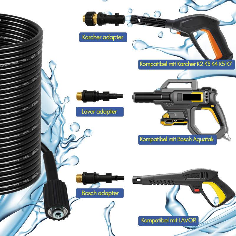Rohrreinigungsschlauch Set 30M, mit Düsen starr + rotierend, 3 Adapter, für handelsübliche Hochdruckreiniger, universelles Rohrreinigungs Set
