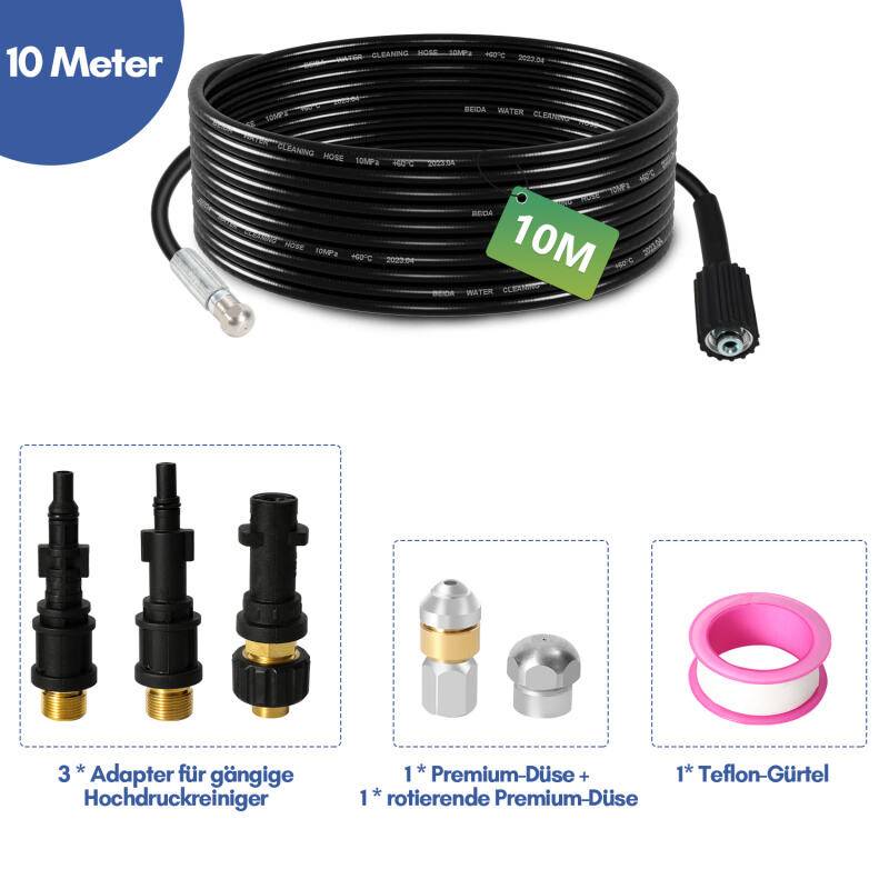 Rohrreinigungsschlauch Set 20M, mit Düsen starr + rotierend, 3 Adapter, für handelsübliche Hochdruckreiniger, universelles Rohrreinigungs Set