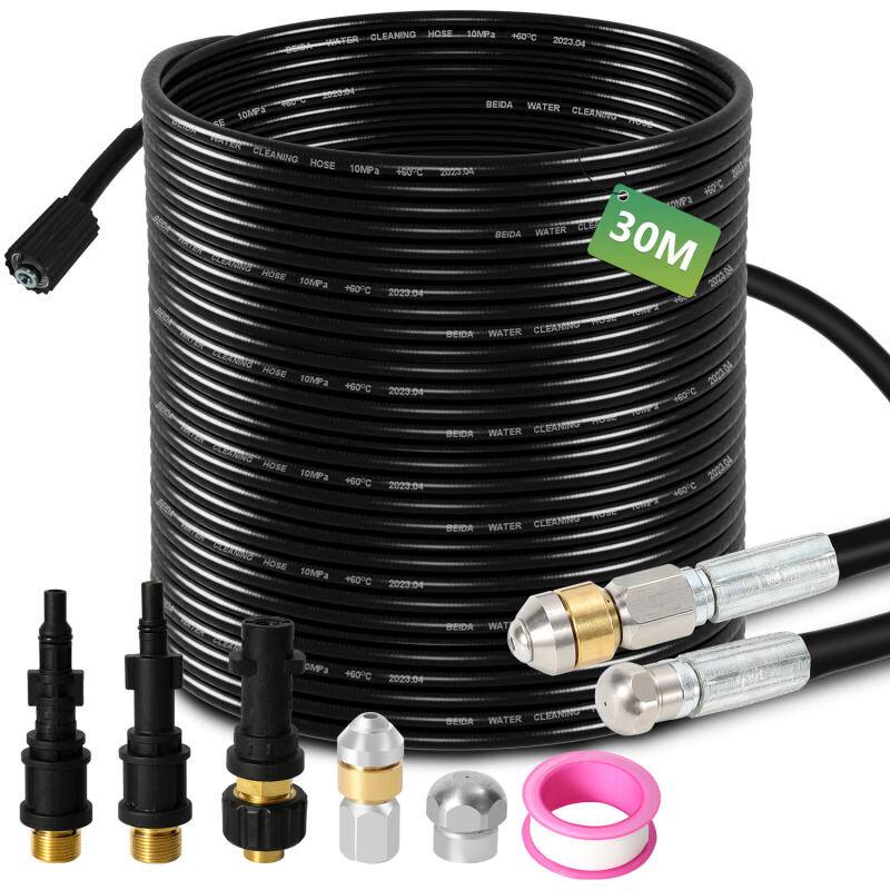 Rohrreinigungsschlauch Set 30M, mit Düsen starr + rotierend, 3 Adapter, für handelsübliche Hochdruckreiniger, universelles Rohrreinigungs Set
