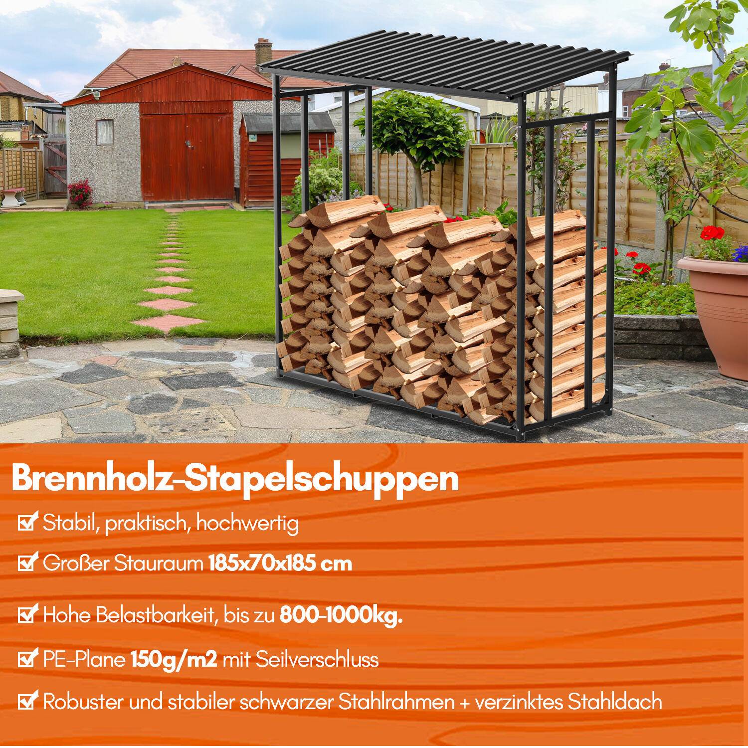 Kaminholzregal 185 x 70 x 185 cm Brennholzregal Kaminholzständer Metall Stapelhilfe Mit Schutzplane Handschuh