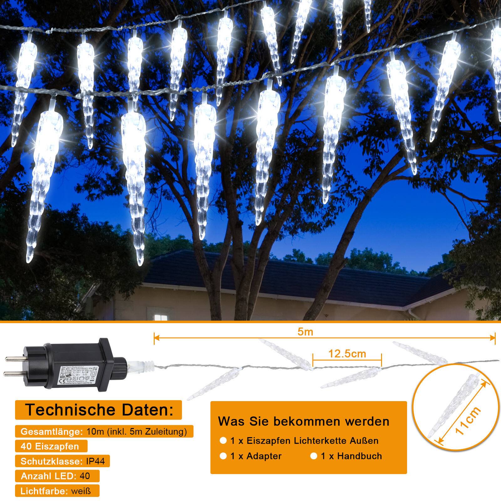 40 LED Eiszapfen Lichterkette Außen Innen 8 Modi IP44 Party Garten Lichtervorhang Fenster Weihnachten Eisregen Beleuchtung Deko kaltweiß