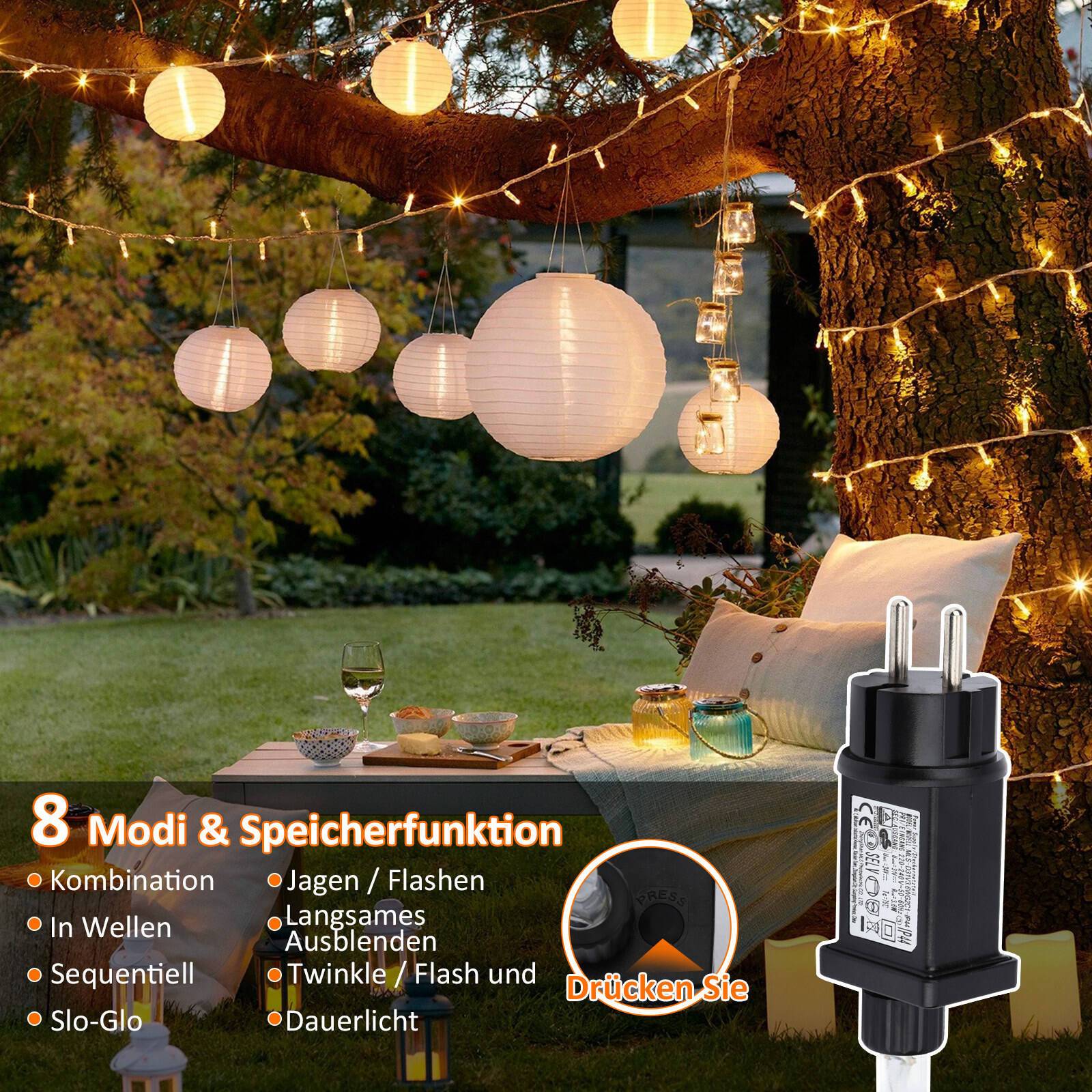 30M 300 LED Lichterkette 8 Lichtmodi Wasserdicht Party Garten Strom Beleuchtung Innen Außen Weihnachten Hochzeit Deko Warmweiß