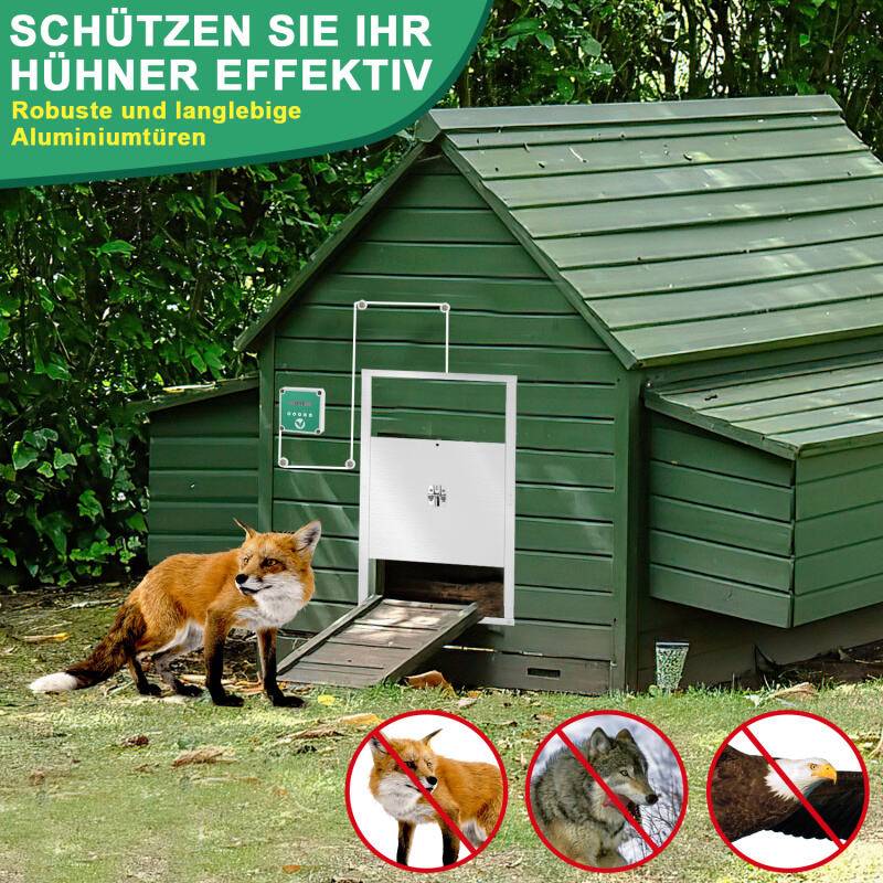 Hühnerklappe,Automatische Hühnerklappe,mit Lichtsensor、Zeitschaltuhr、LCD-Anzeige und Fernbedienung,IP44,aus Alu,batteriebetrieben und Adapter 30