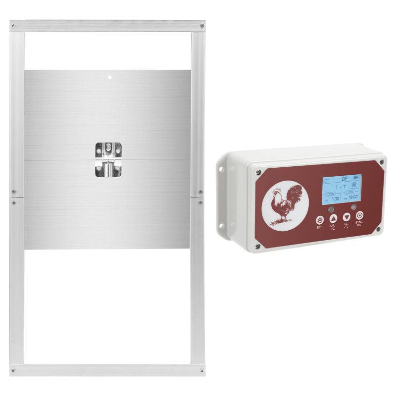 Automatische Hühnerklappe,IP44wasserdicht,aus Alu,mit LCD-Anzeige、Lichtsensor、Fernbedienung und Zeitschaltuhr,batteriebetrieben und Adapter,30x30