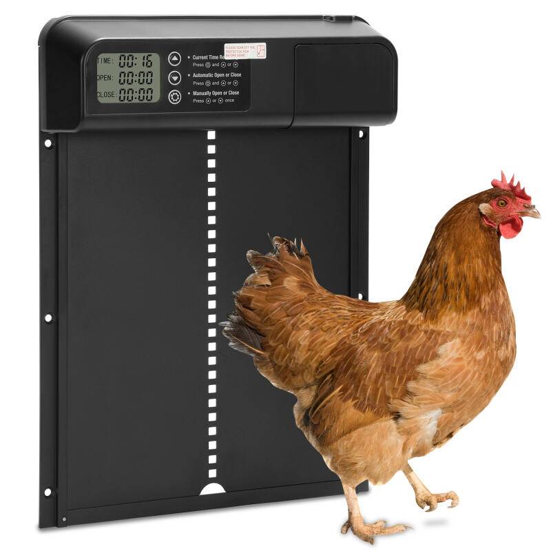 Automatische Hühnerstalltür mit Zeit- und Handmodus, LCD-Display, IPX4 wasserdicht, schwarz, 33x24,5 cm, mit Einklemmschutz