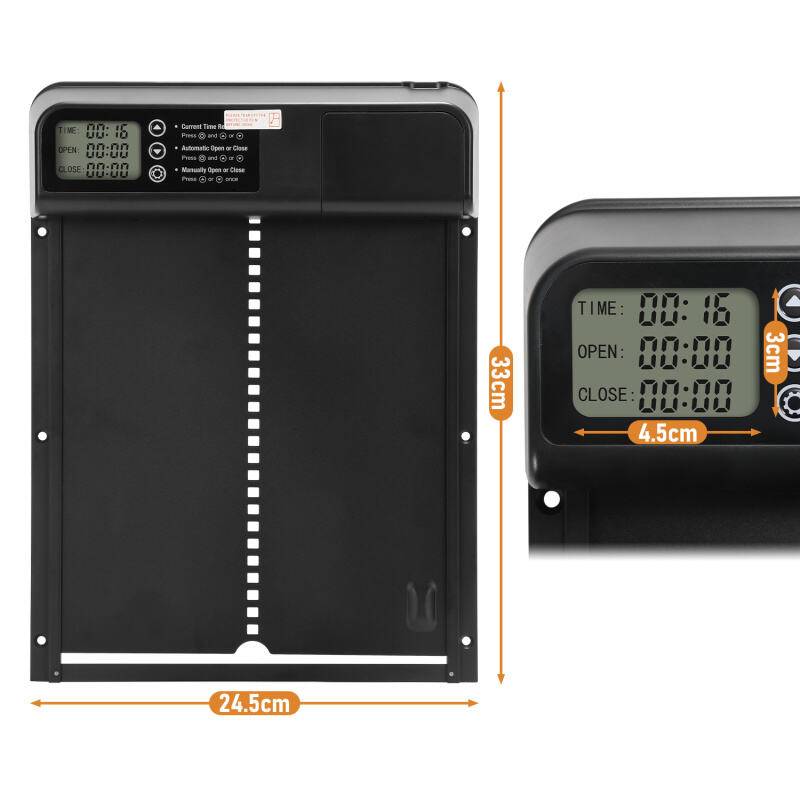 Automatische Hühnerstalltür mit Zeit- und Handmodus, LCD-Display, IPX4 wasserdicht, schwarz, 33x24,5 cm, mit Einklemmschutz