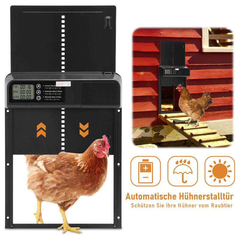 Automatische Hühnerstalltür mit Zeit- und Handmodus, LCD-Display, IPX4 wasserdicht, schwarz, 33x24,5 cm, mit Einklemmschutz