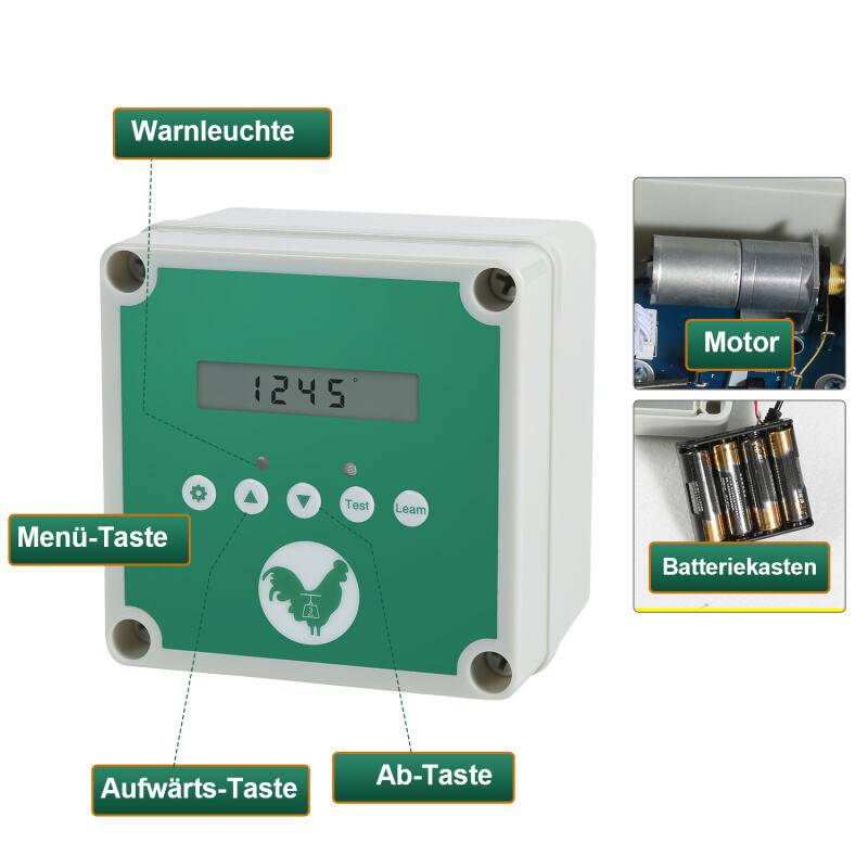 Hühnerklappe,Automatische Hühnerklappe,mit Lichtsensor、Zeitschaltuhr、LCD-Anzeige und Fernbedienung,IP44,aus Alu,batteriebetrieben und Adapter 30