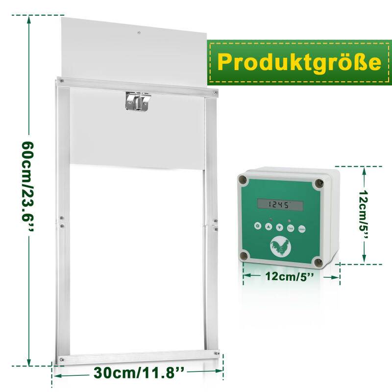 Hühnerklappe,Automatische Hühnerklappe,mit Lichtsensor、Zeitschaltuhr、LCD-Anzeige und Fernbedienung,IP44,aus Alu,batteriebetrieben und Adapter 30