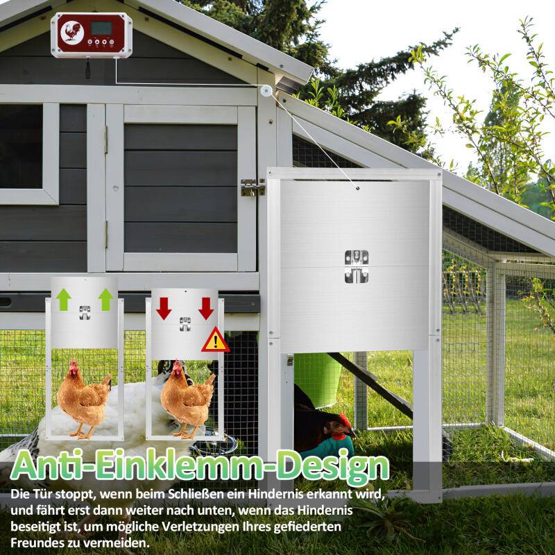 Hühnerklappe,Automatische Hühnerklappe,mit Lichtsensor、Zeitschaltuhr、LCD-Anzeige und Fernbedienung,IP44,aus Alu,batteriebetrieben und Adapter,30
