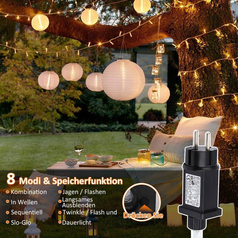 20M 200 LED Lichterkette Warmweiß 8 Lichtmodi Party Garten Innen Außen Deko Weihnachtsbeleuchtung