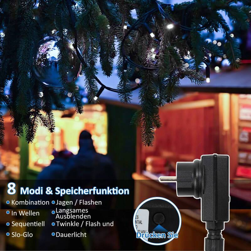 Lichterkette 20m 200LED 8 Lichtmodi IP44 Wasserdicht Weihnachten Hochzeit Party Garten Deko, kaltweiß