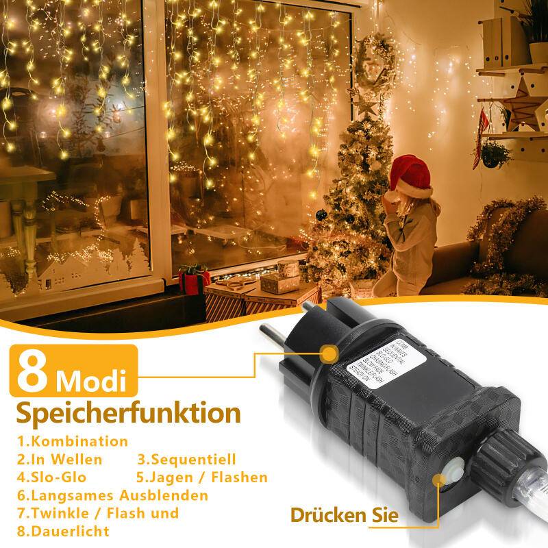10M 200LEDs LED-Lichterkette Eisregen LED-Lichtervorhang für Außen Innen Lichterkettenvorhang mit 8 Modi IP44 Wasserfest Weihnachtsdeko aussen Party