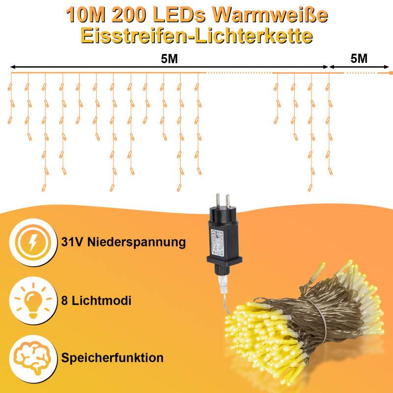 10M 200LEDs LED-Lichterkette Eisregen LED-Lichtervorhang für Außen Innen Lichterkettenvorhang mit 8 Modi IP44 Wasserfest Weihnachtsdeko aussen Party