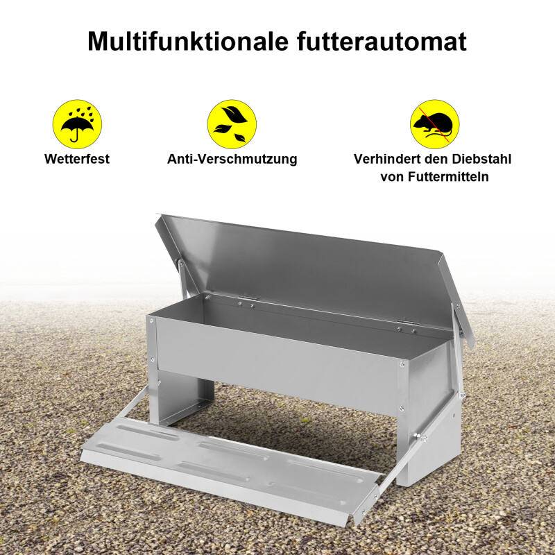 Futterautomat 5KG Futterspender Hühner mit Trittplatte und Deckel Geflügelfutterautomat Silber