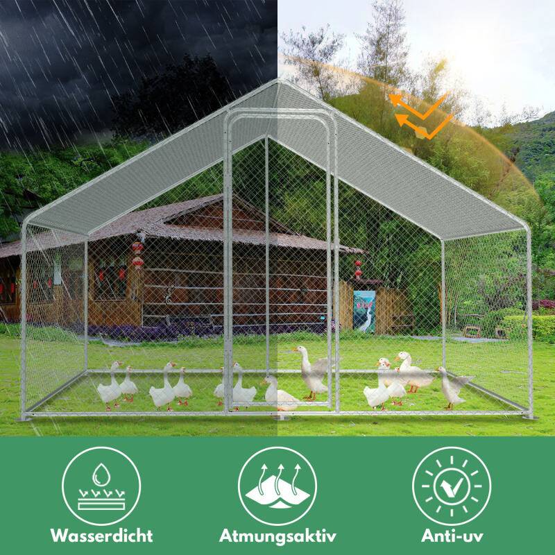 Hühnerstall Outdoor großer Hühnerhaus Dach Freilaufgehege Geflügelstall mit PE Verzinkter Stahlrahmen und abschließbare Tür 3 x 2 x 2 m