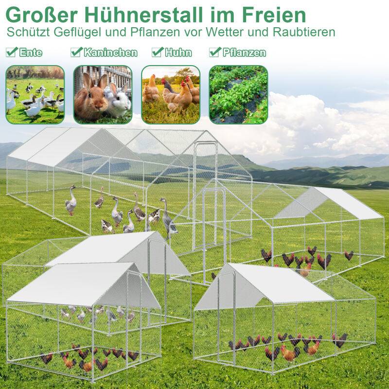 Hühnerstall Outdoor großer Hühnerhaus Dach Freilaufgehege Geflügelstall mit PE Verzinkter Stahlrahmen und abschließbare Tür 3 x 2 x 2 m