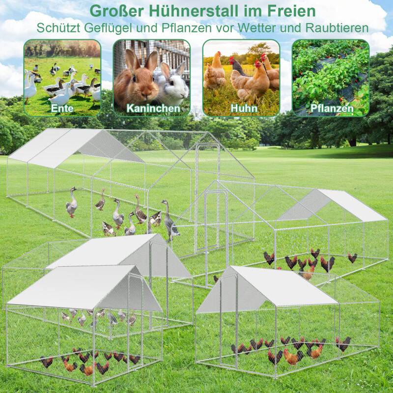 Hühnerstall Outdoor großer Hühnerhaus Dach Freilaufgehege Geflügelstall mit PE Verzinkter Stahlrahmen und abschließbare Tür 3 x 3 x 2 m