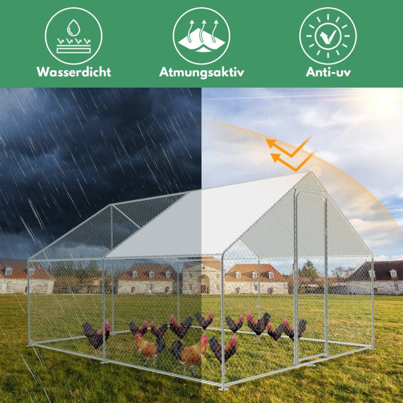 Hühnerstall Outdoor großer Hühnerhaus Dach Freilaufgehege Geflügelstall mit PE Verzinkter Stahlrahmen und abschließbare Tür 3 x 3 x 2 m